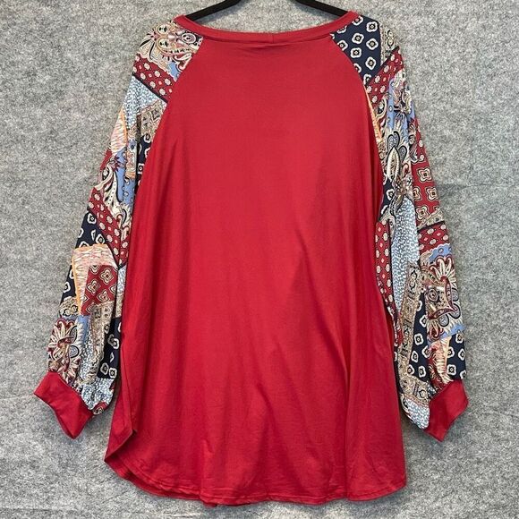 EMERALD Top 3XL Red Rayon Blend Patchwork Long Balloon Sleeve Raglan Blouse EUC - Picture 9 of 14